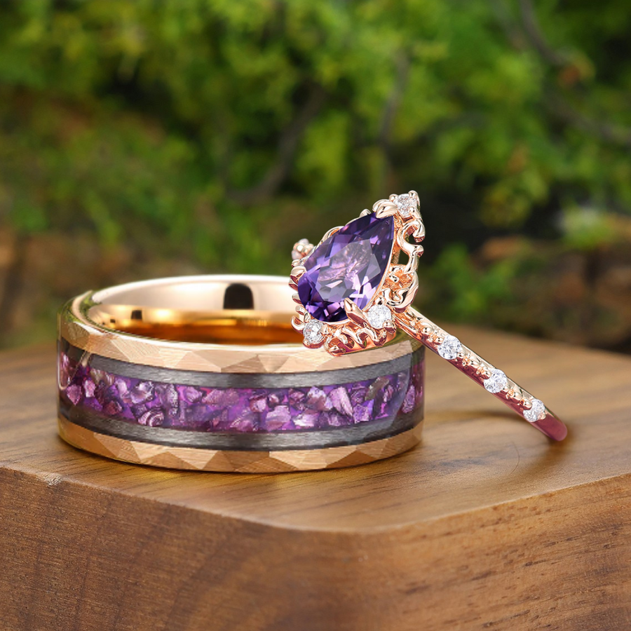 Anillo antiguo de amatista natural con filigrana y milgrain para él y para ella, anillo de pareja en oro rosa y púrpura