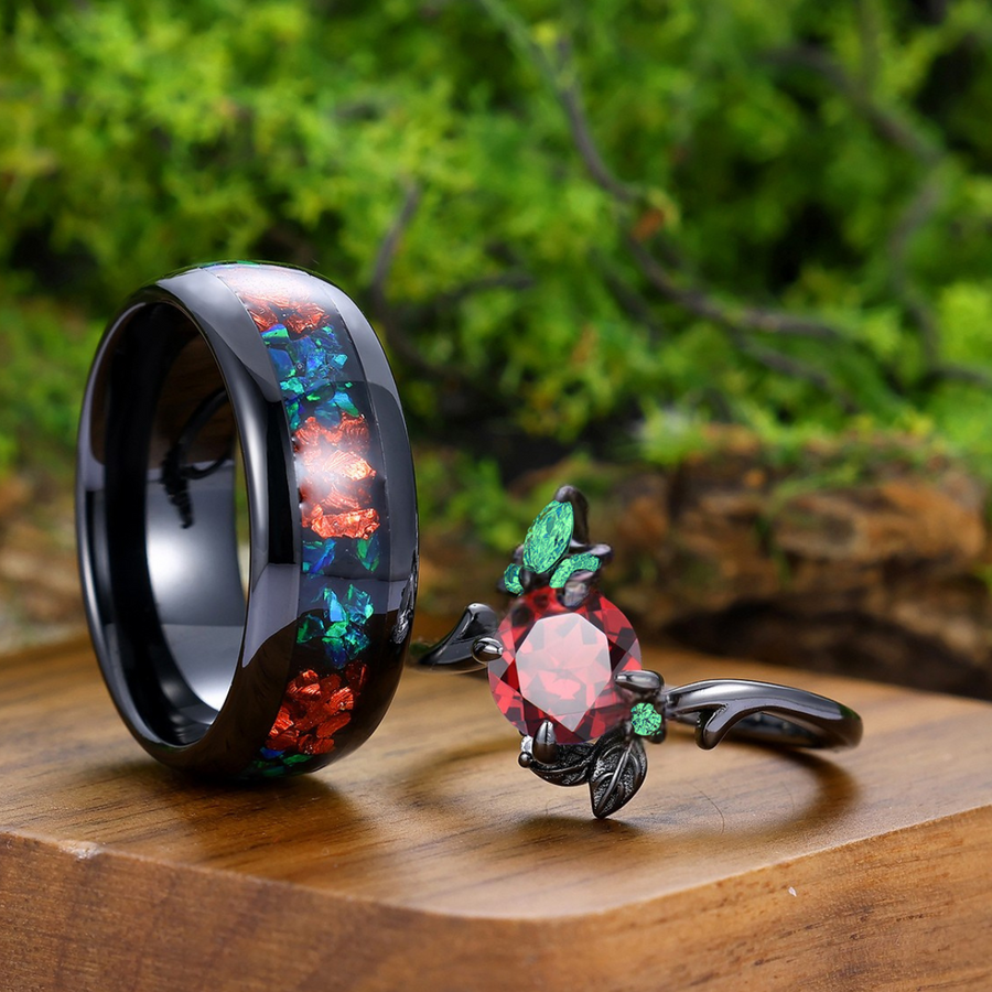 Blooming Flower Design Red Garnet Engagement Couple Rings Matching Two Tone Tungsten Promise Band -  Esdomera.com