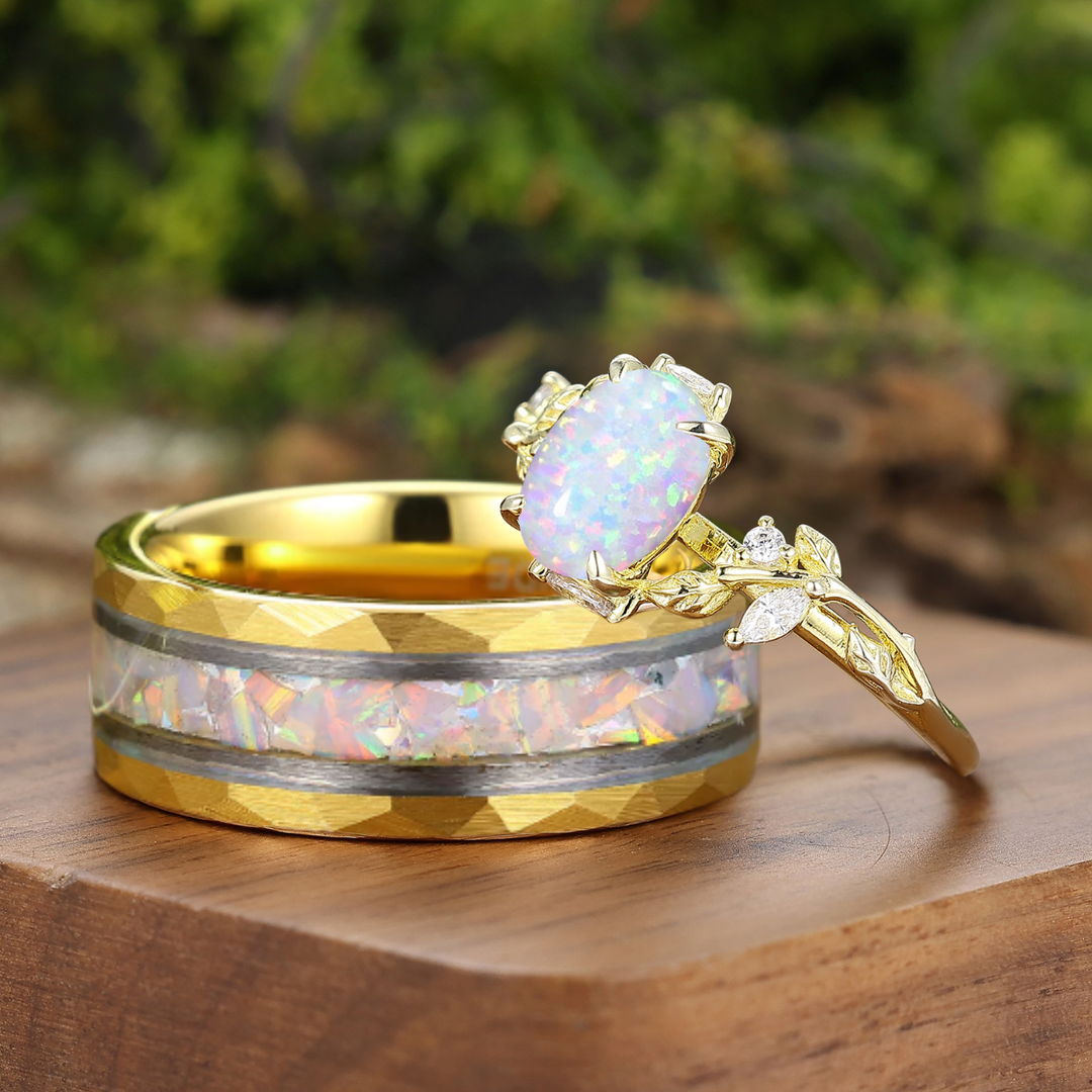 Leaf-inspired Pink White Opal Couple Rings Yellow Gold Plated Matching Ring For Him And Her