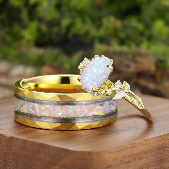 Leaf-inspired Pink White Opal Couple Rings Yellow Gold Plated Matching Ring For Him And Her