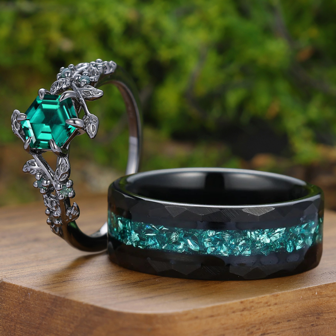 Hexagon Cut Emerald Sprig Leaf Couple Ring Green Emerald And Black His And Hers Rings