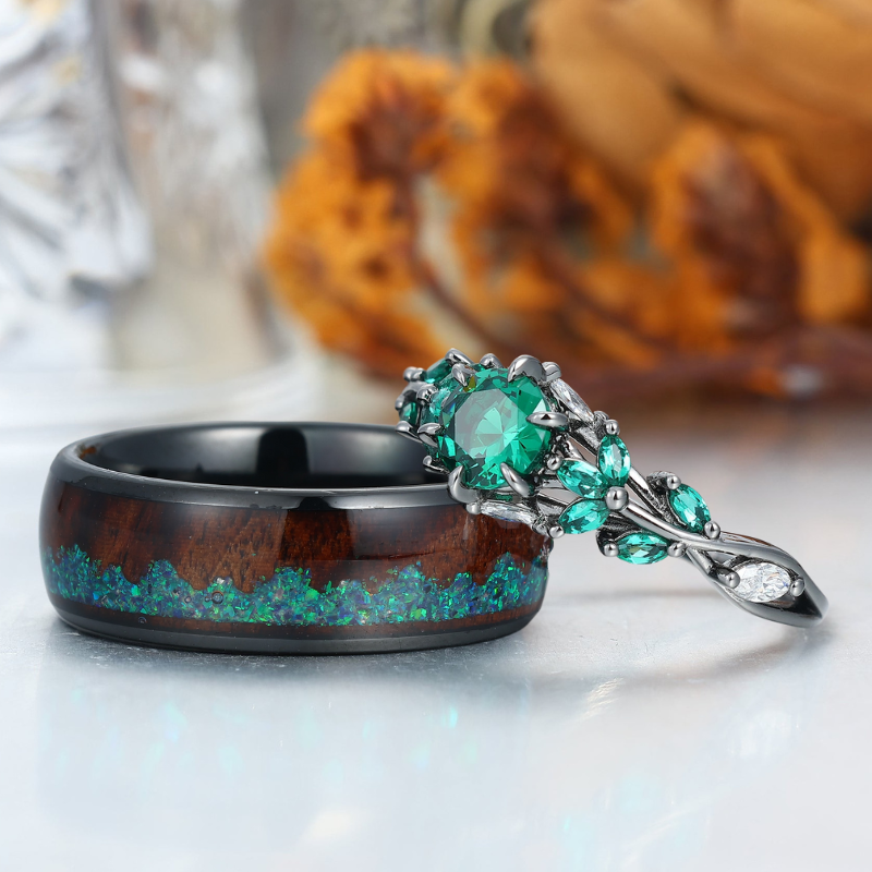 Conjunto de Anillos de Compromiso de Esmeralda para Parejas y Anillo a Juego de Tungsteno con Incrustación de Madera Conjunto de Anillos para Él y Ella