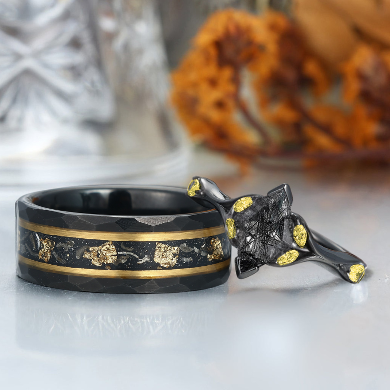 Alternative Black Rutilated Quartz Couple Rings Black And Gold Promise ...