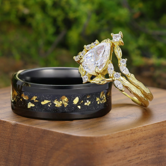 Noble Branch Design Perenvormige Moissaniet Set Verlovingsringen Geel Goud Verguld Matching Ringen