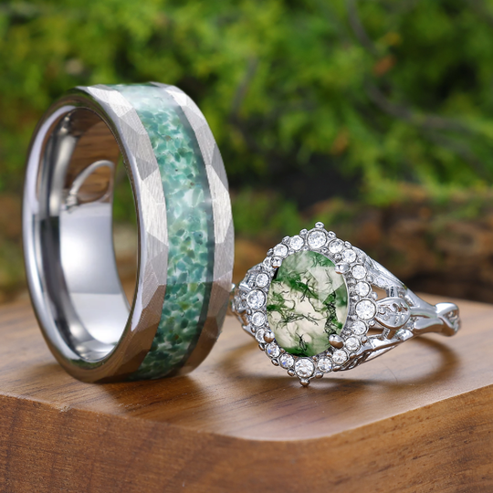 Personalisierte ovale grüne Moosachat-Halo-Blumen-Paarringe, einzigartiges Ehering-Set