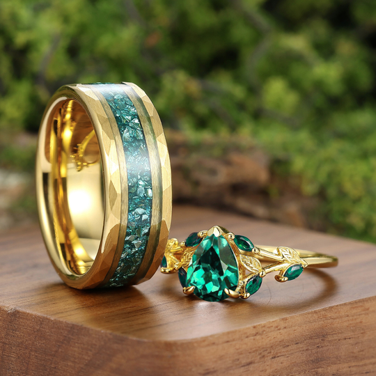 Leaf Inspired Pear Cut Emerald Rings For Couples Yellow Gold Plated Ring Set