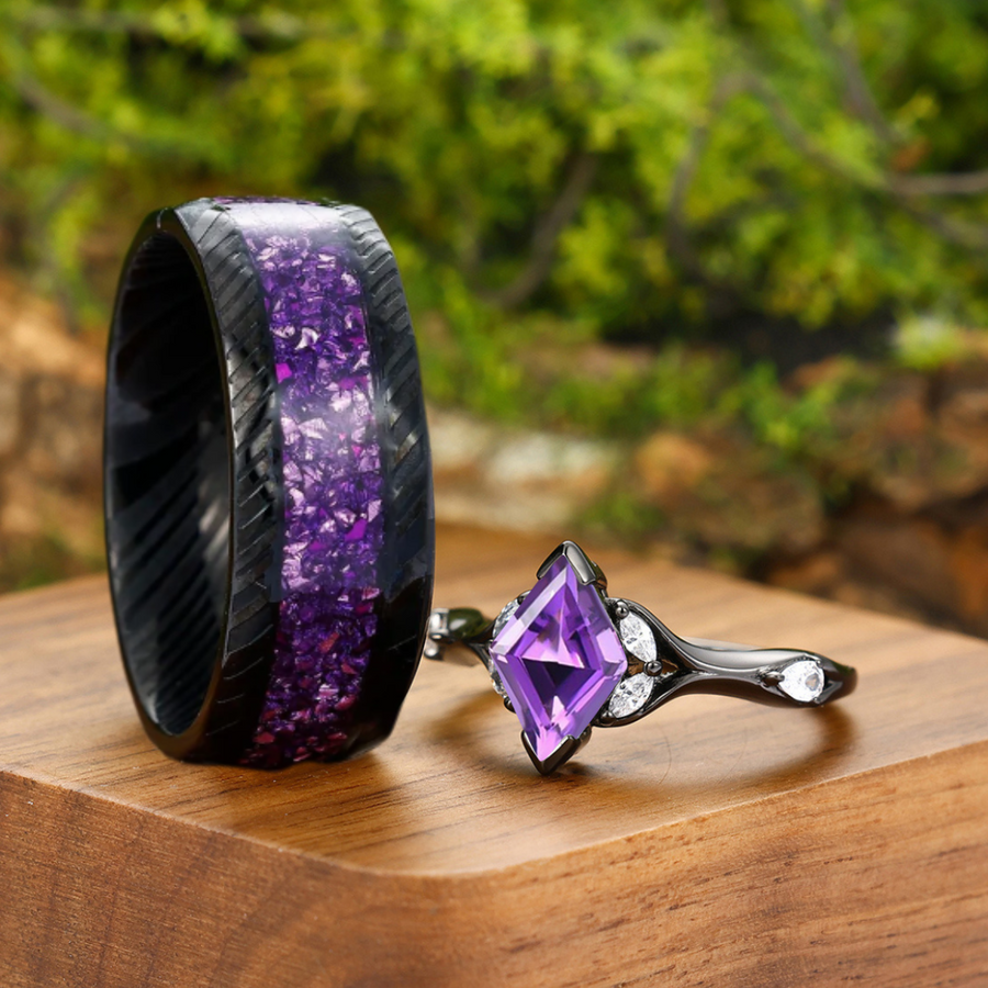 Gorgeous Amethyst Couple Rings Matching Promise Engagement and Damascus Steel Matching Ring -  Esdomera.com