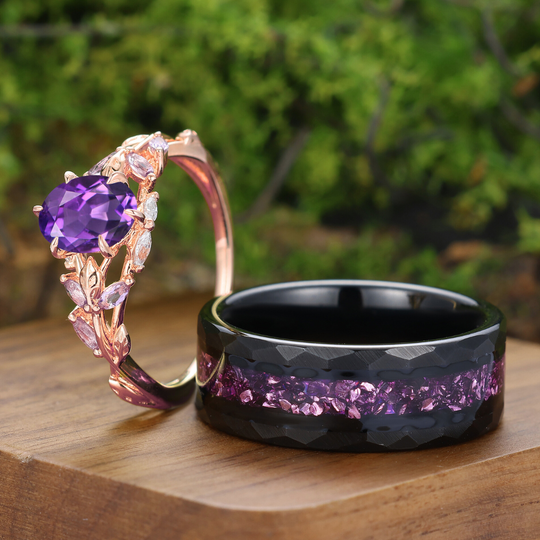 Unique Round Cut Amethyst Branch Couple Ring Purple Ring For Women And Men