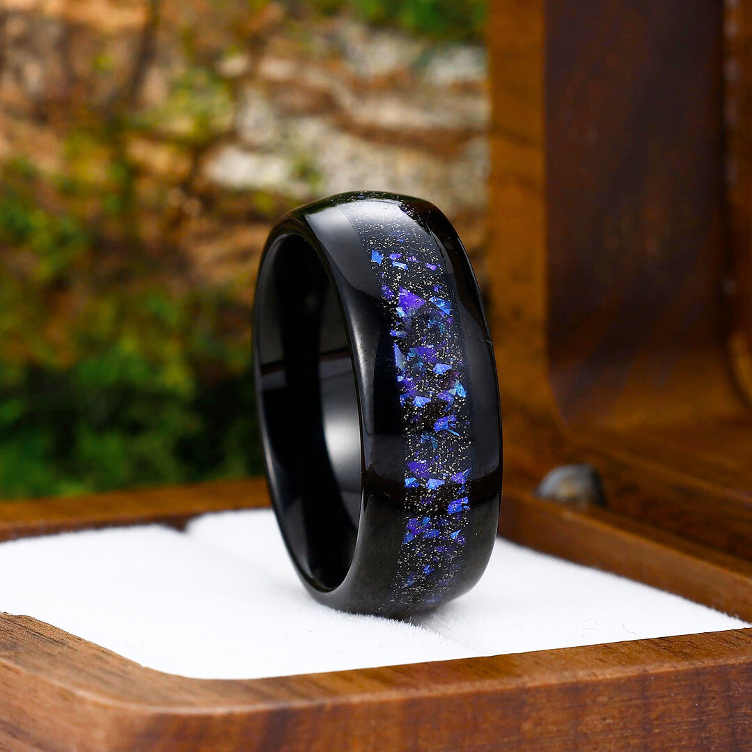 Blue Nebula Tungsten Wedding Band Black Matte Dome Mens Promise Ring Unisex Ring