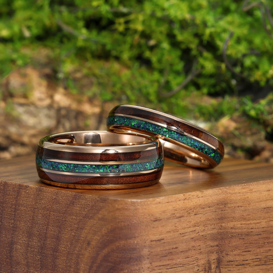 Polished Wood Peacock Green Opal Tungsten Couple Rings His And