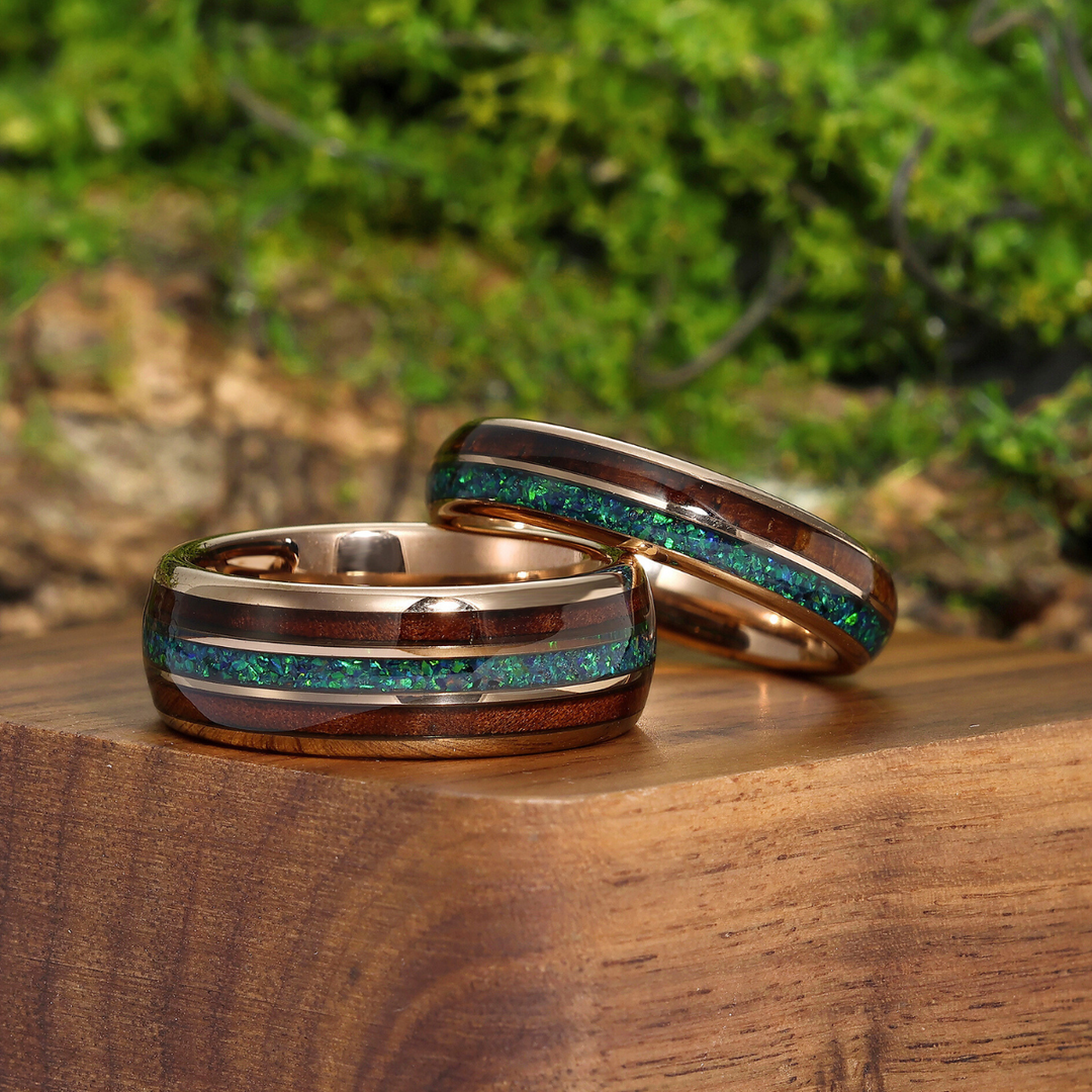 Polished Wood Peacock Green Opal Tungsten Couple Rings His And Hers Wedding Bands Marriage Ring