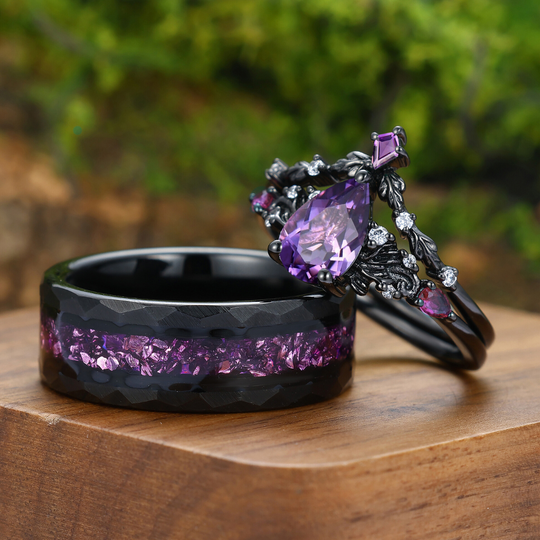 Scrollwork Natural Amethyst Rings For Couple Purple Amethyst Engraved Floral His And Hers Ring Set