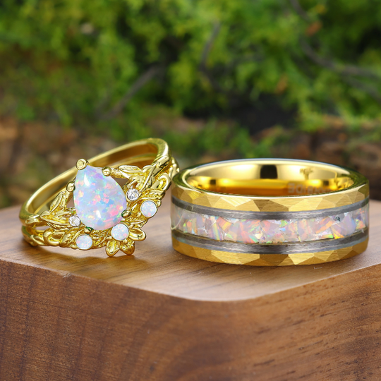 Leaf Branch Style Pink White Opal Couple Rings Yellow Gold Plated Rings For Him And Her