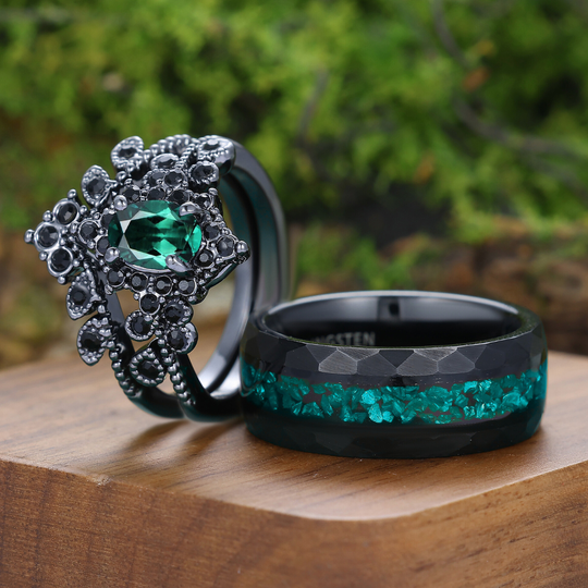 Dunkler Luxus Gothic Blumen-Set Verlobungsringe Smaragd Paarringe Silber und Wolfram His-and-Hers