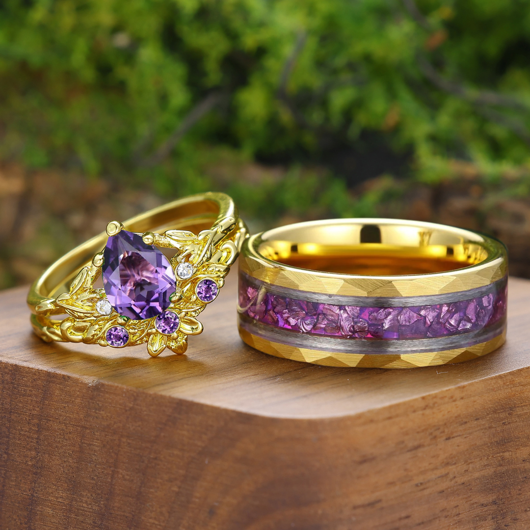 Leaf Inspired Pear Cut Amethyst Couple Rings Gold-plated His And Hers Matching Rings