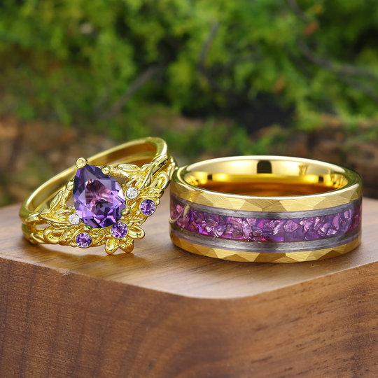 Leaf Inspired Pear Cut Amethyst Couple Rings Gold-plated His And Hers Matching Rings