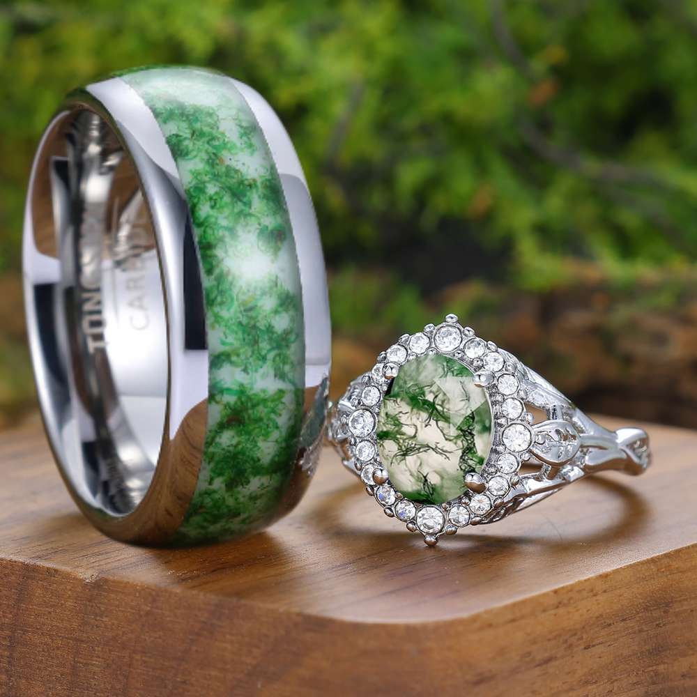 Delicata Corona Anello Ovale Moss Agate Taglio Ovale Anelli His And Hers Coppia Ispirati Alla Natura