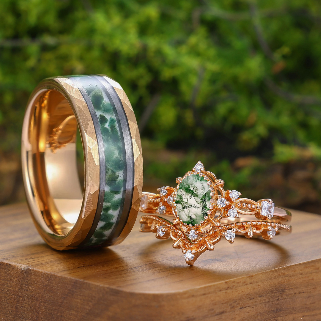 Antique Oval Moss Agate Filigreed Couple Ring Set Rose Gold Plated Milgrained His and Hers Ring
