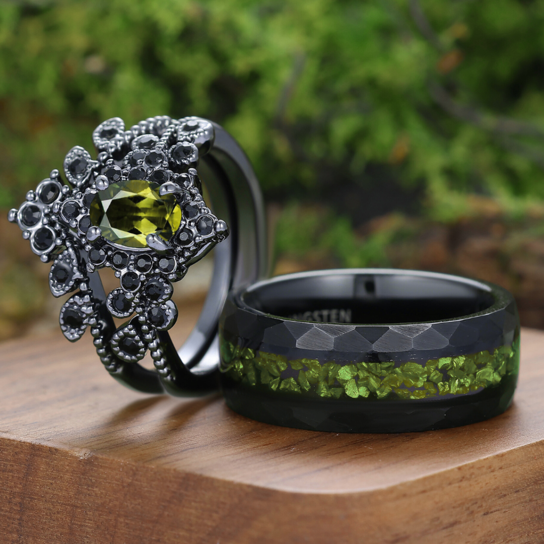 Gothic Style Oval Cut Peridot Milgrained Couple Rings Green Peridot Ring For Him And Her