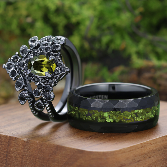 Gothic Style Oval Cut Peridot Milgrained Couple Rings Green Peridot Ring For Him And Her