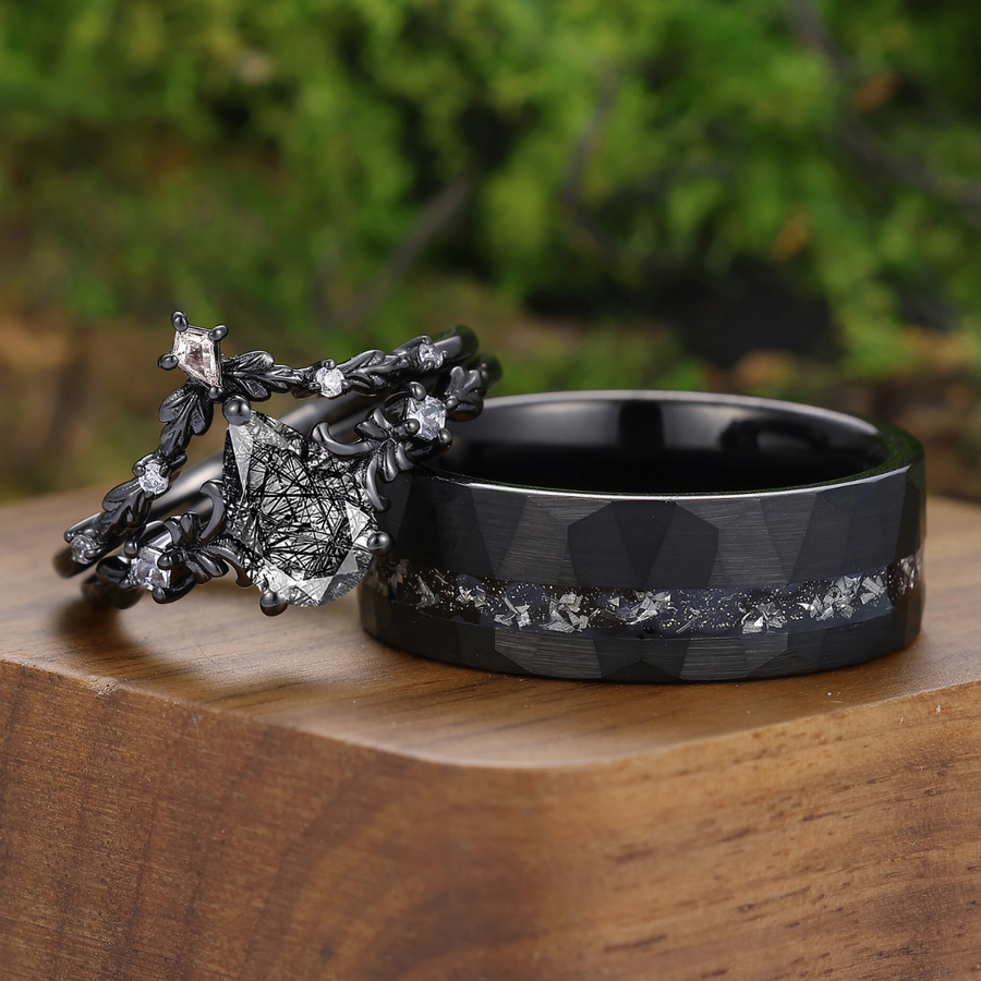 Leaf Motif Black Rutilated Quartz His And Hers Ring Set Unique Black Couple Rings