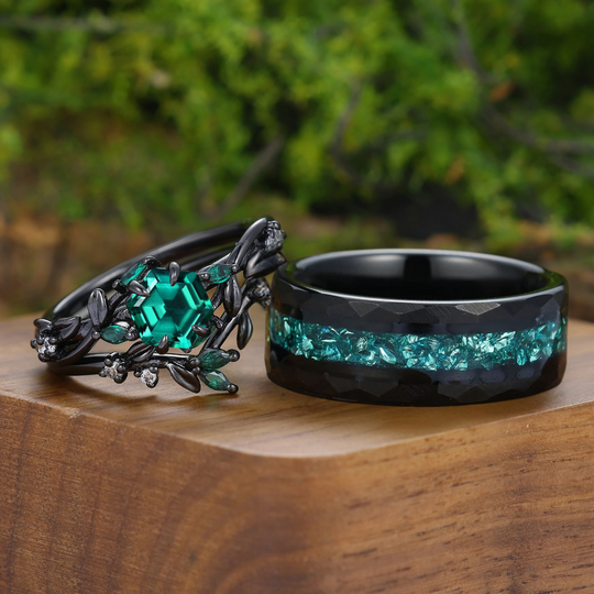 Twig Leaf-inspired Green Emerald Couple Rings Emerald Black Plated His And Hers Ring Set