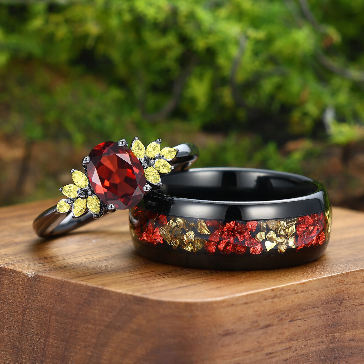 Natural Red Garnet Petal Cluster Couples Ring S925 And Tungsten His An ...