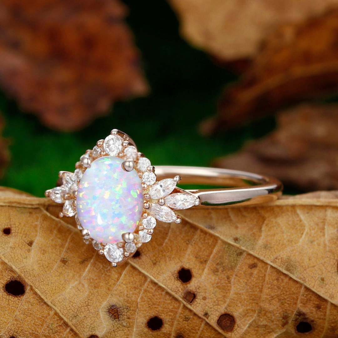Retro Oval Pink White Opal Engagement Couple Rings Matching