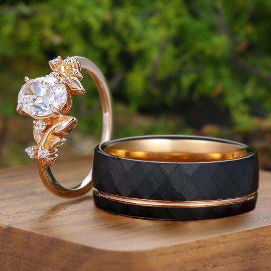 Unique Leaf Motif Anillo de Pareja de Moissanita Corte Ovalado Anillo de Promesa para Hombre y Mujer