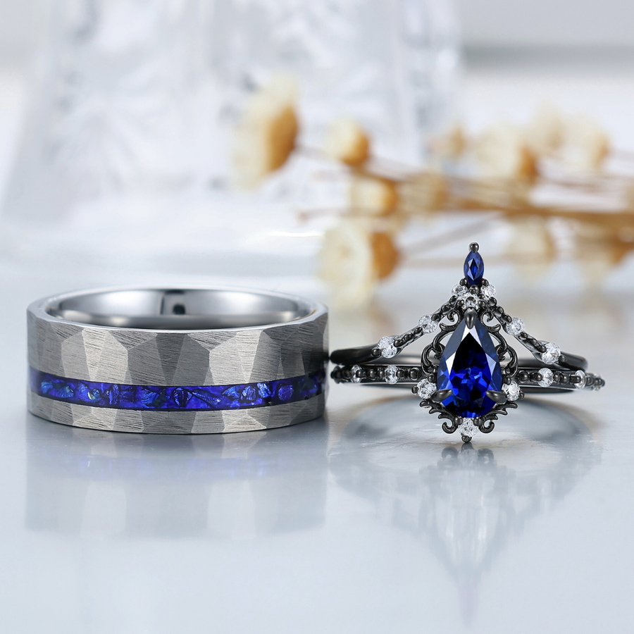 Baroque-inspired Sapphire Filigreed Couple Ring Set 3pcs Blue Sapphire His And Hers Matching Rings