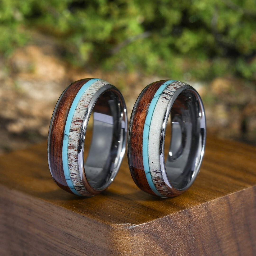 Deer Antler Hawaiian Koa Wood Turquoise Tungsten Wedding Band Tungsten Carbide Ring Men’s Anniversary Ring Promise Unisex Ring