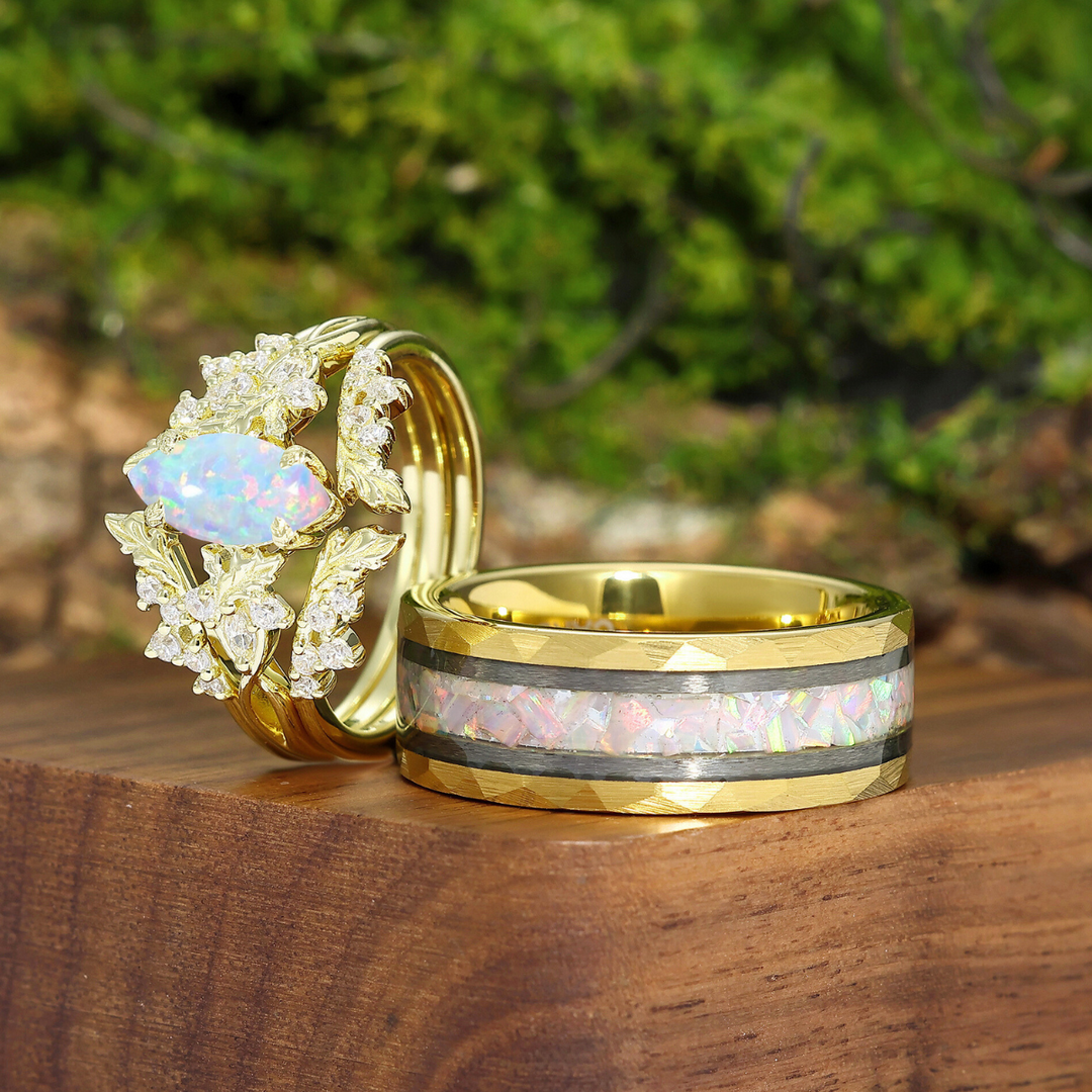 Elegant Pink White Opal Foliage Engagement Couples Rings Pink Tungsten Matching Wedding Bands For Men And Women