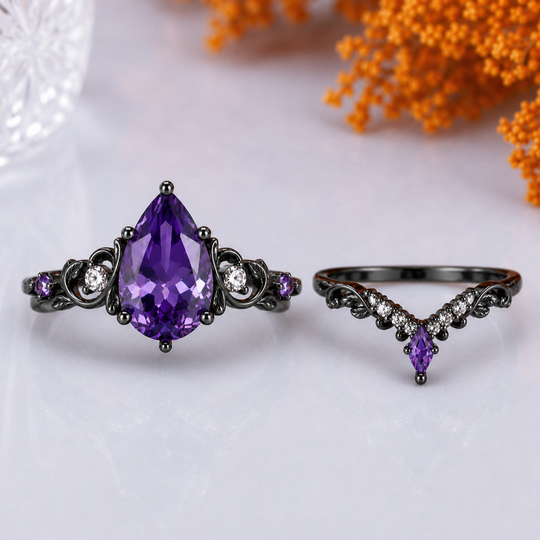 Botanical 1.5CT Pear Amethyst 2pcs Bridal Ring Set Leaf Design Engagement Ring Set