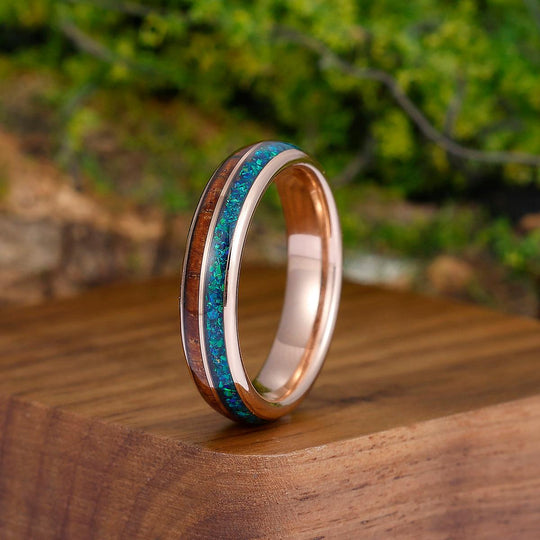 8mm 5mm Peacock Blue Opal Wood Tungsten Wedding Band Glossy Substantial Men' s Unisex Ring