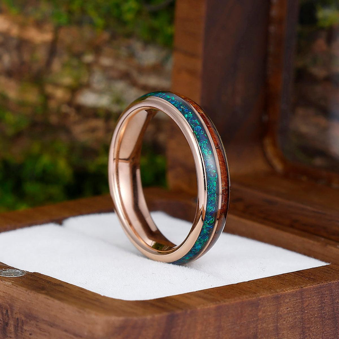 8mm 5mm Peacock Blue Opal Wood Tungsten Wedding Band Glossy Substantial Men' s Unisex Ring