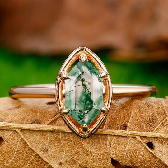 6 Prongs Solitaire Long Hexagon Cut Moss Agate Engagement Ring Anniversary Ring - Esdomera