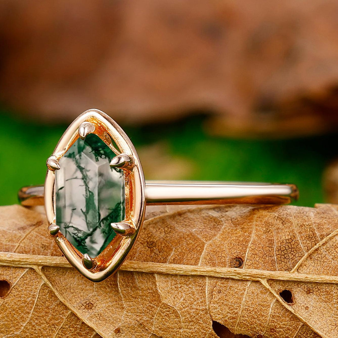 6 Prongs Solitaire Long Hexagon Cut Moss Agate Engagement Ring Anniversary Ring - Esdomera