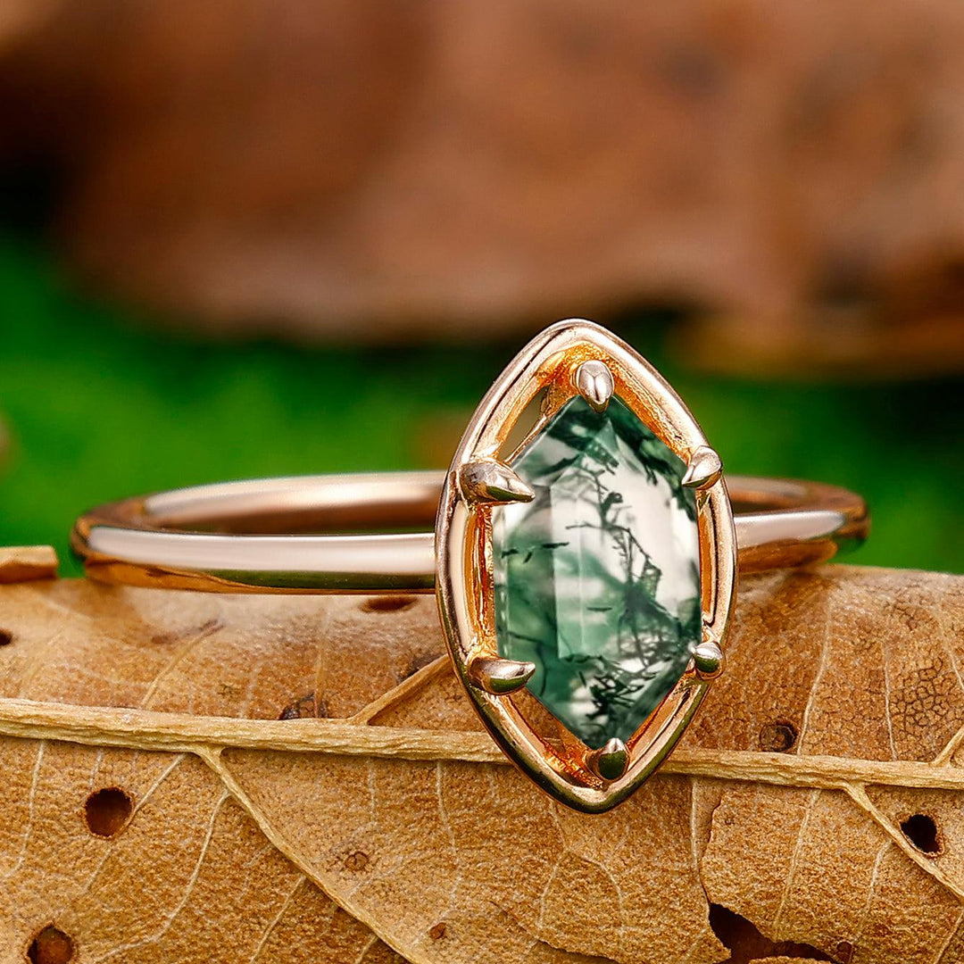 6 Prongs Solitaire Long Hexagon Cut Moss Agate Engagement Ring Anniversary Ring - Esdomera