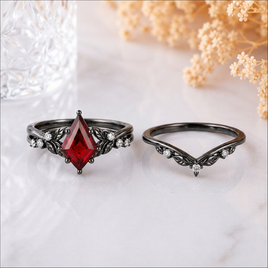 Refined Leaf Engraved Kite Red Garnet Wedding Ring Set Branch-Inspired Ring Set For Her
