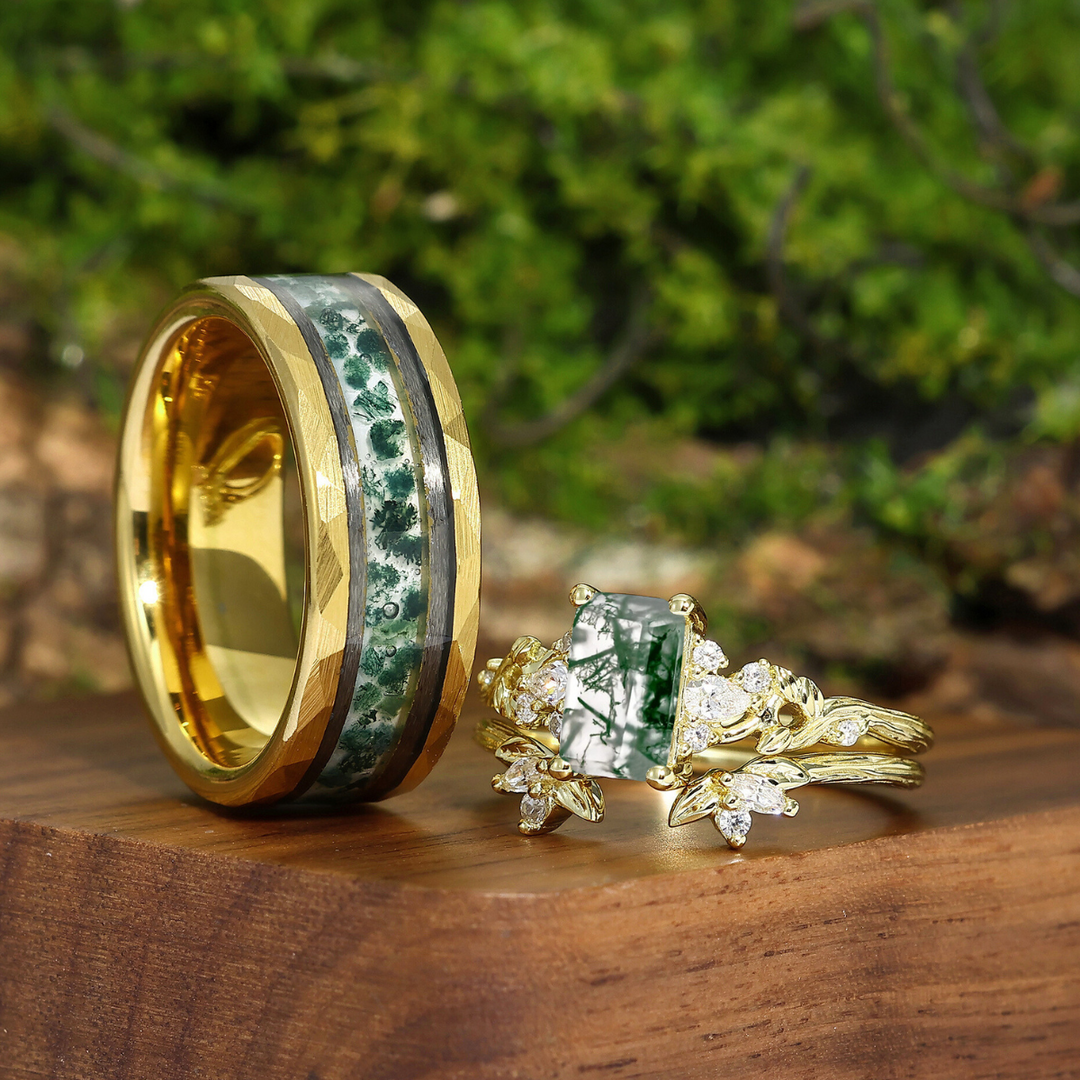 Noble Moss Agate Foliage Prong Engagement Couple Rings Yellow Promise Wedding Bands Marriage Rings