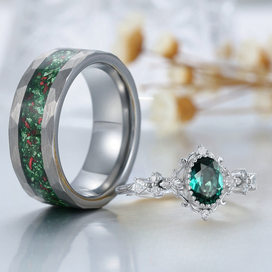 Baroque-inspired Green Emerald Couple Rings Unique Scrollwork Matching Rings For Couples