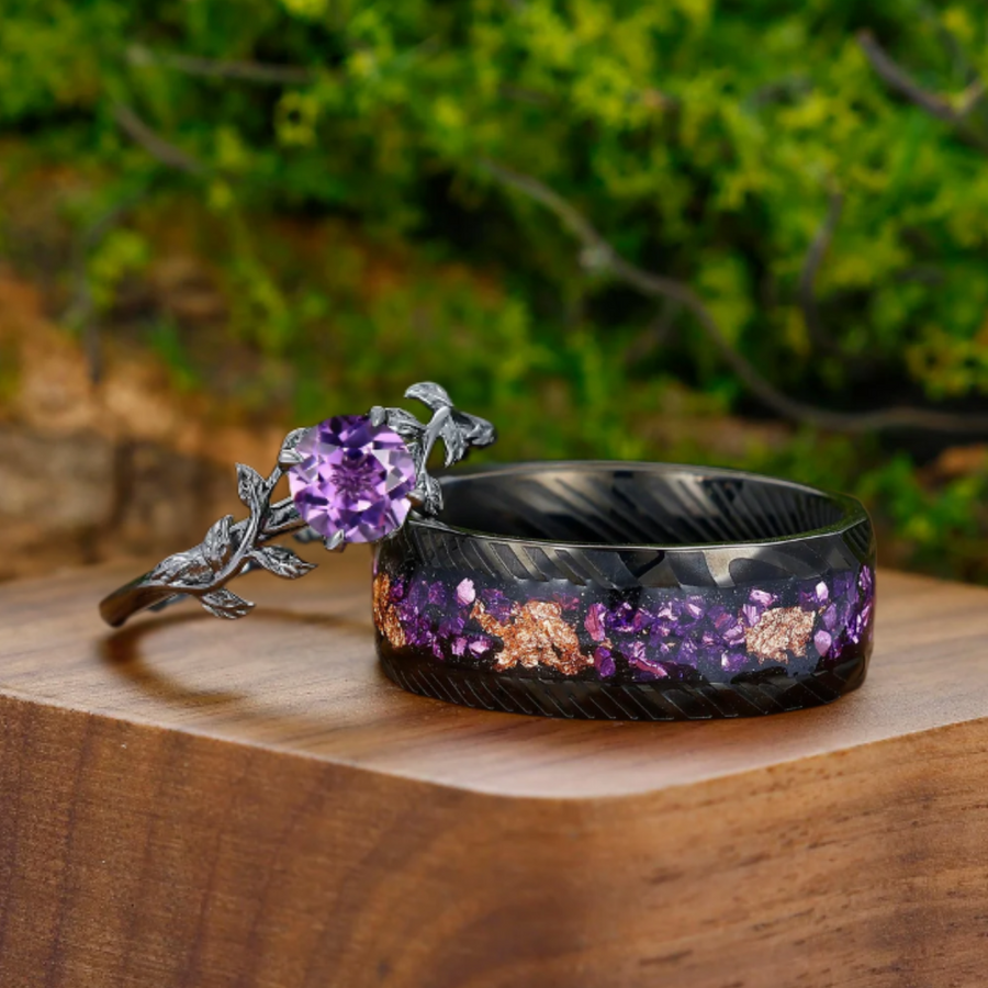 Art Deco Natural Amethyst Sprig Engagement Couple Rings Modern Damascus Steel Anniversary Wedding Band -  Esdomera.com