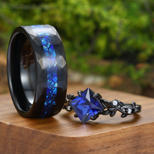 Dainty Princess Cut Sapphire Leaf Twig Couple Ring Sapphire Black Plated Rings For Him And Her