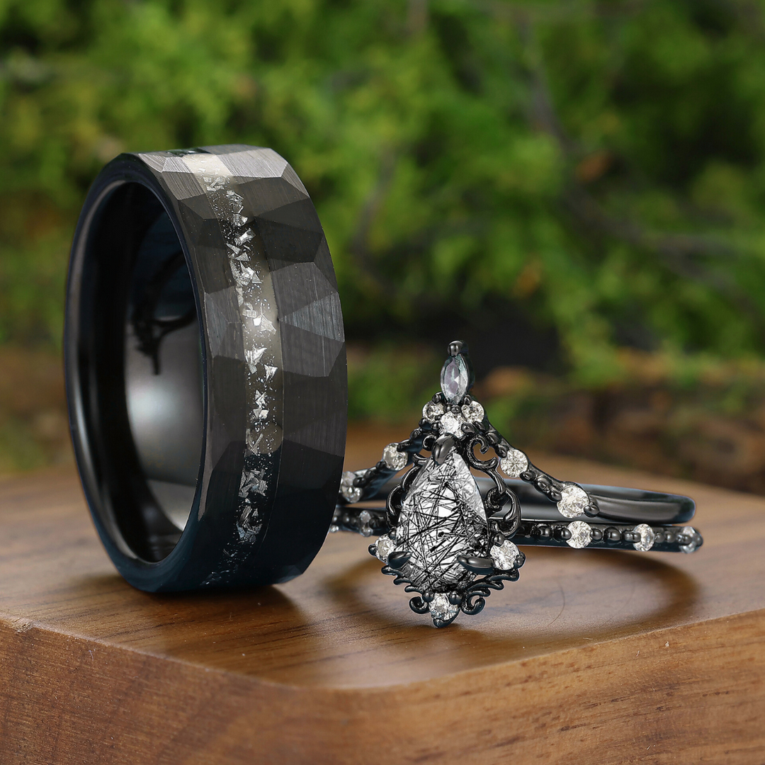 Ensemble de bagues pour couple en quartz rutile noir délicat avec filigrane milgrain Bagues uniques pour couple noir