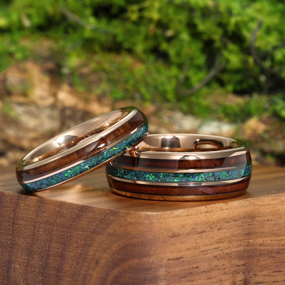 Polished Wood Peacock Green Opal Tungsten Couple Rings His And Hers Wedding Bands Marriage Ring