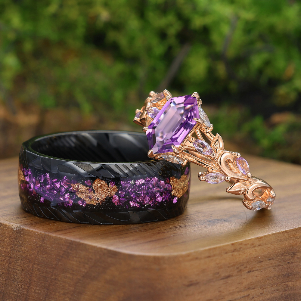 Scrolled Vine Natural Amethyst Couple Rings Purple Matching Ring Set His and Hers Ring