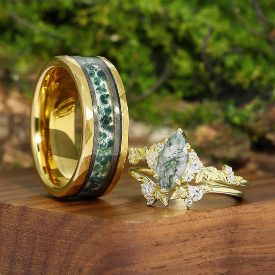 Elegant Moss Agate Blade Engagement Couple Rings Set Yellow Green Promise His And Hers Marriage Rings