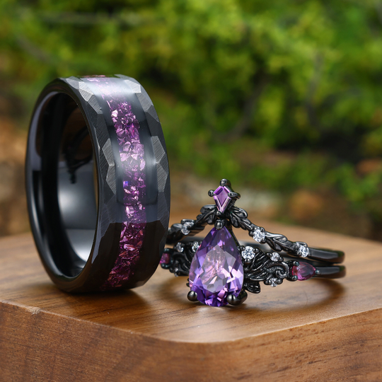 Scrollwork Natural Amethyst Rings For Couple Purple Amethyst Engraved Floral His And Hers Ring Set