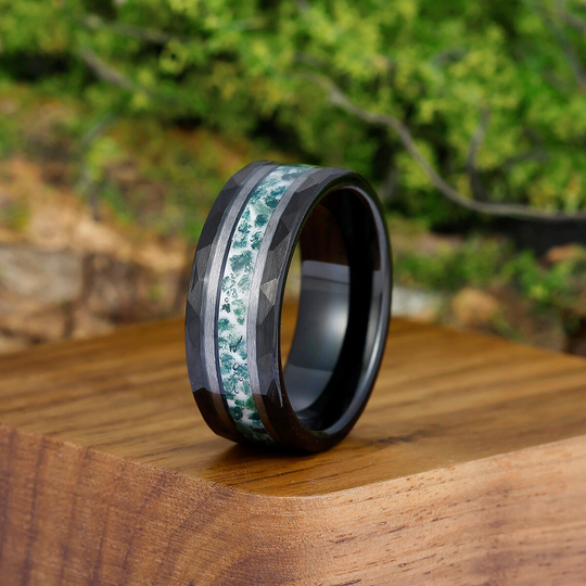 Artsy Moss Agate Crossed Band Engagement Couples Ring Green Black Tungsten Matching Wedding Bands