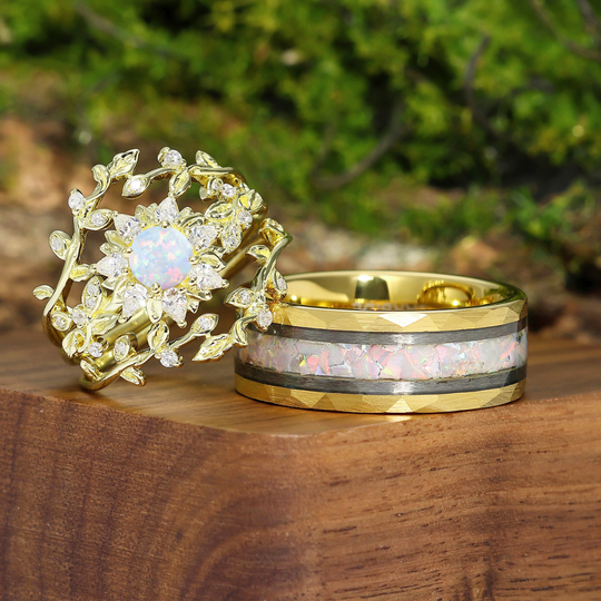 Blooming Sunflowers Pink White Opal Engagement Couples Rings Set His And Hers Promise Marriage Rings